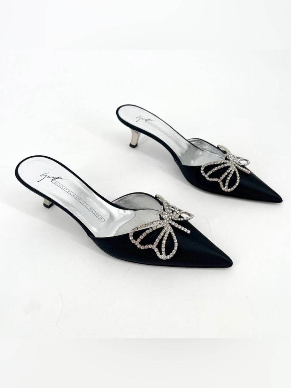 Giuseppe Zanotti Retro Black Crystal Butterfly Pointed Toe Kitten Heel Mules 7.5
